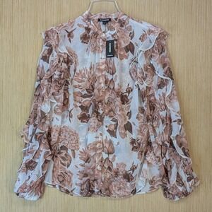 Express Blouse Womens Medium Sheer Floral Ruffle‎ Feminine Romantic Victorian